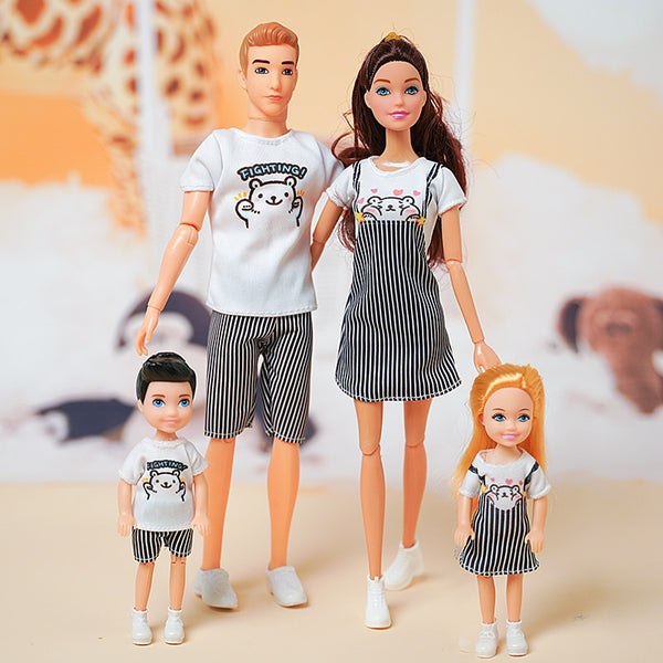 1/6 Barbi Dolls Family Doll Set of 4 People Mom Dad Kids 30cm Barbies Doll Full Set With Clothes for Education Birthday Gift