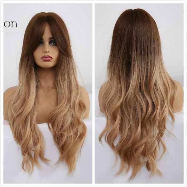 ALAN EATON Ombre Wavy Wigs Black Brown Blonde Middle Part Cosplay Synthetic Wigs with Bangs For Women Long Hair Wigs Fake Hair