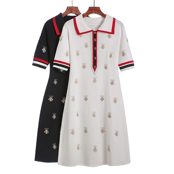 2023 Spring Summer Knit Cartoon Embroidered Polo Dress Woman Plus Size Black Casual Knee-length Straight Dresses Female