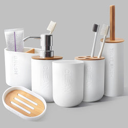 6Pcs Bamboo Bathrooms  Set Toilet Brush Toothbrush Holder Cup Soap holder Emulsion Dispenser Container Bathroom Accessories