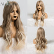 ALAN EATON Ombre Wavy Wigs Black Brown Blonde Middle Part Cosplay Synthetic Wigs with Bangs For Women Long Hair Wigs Fake Hair