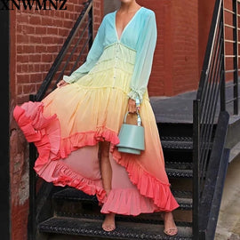 2020 Summer Bohemia Beach Dress Women Casual Gradient Color Loose Dresses Long Sleeve V-Neck Single-Row Button Ruffled Dress