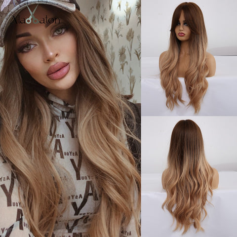 ALAN EATON Ombre Wavy Wigs Black Brown Blonde Middle Part Cosplay Synthetic Wigs with Bangs For Women Long Hair Wigs Fake Hair