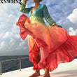 2020 Summer Bohemia Beach Dress Women Casual Gradient Color Loose Dresses Long Sleeve V-Neck Single-Row Button Ruffled Dress