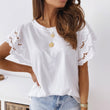 Summer Women Hollow Out Stitching T-Shirt Casual O-Neck Ruffle Short Sleeve Top Elegant White Black 2022 Women&#39;s Clothing