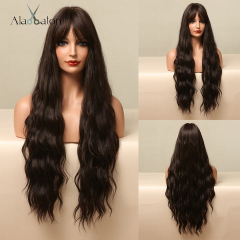 ALAN EATON Ombre Wavy Wigs Black Brown Blonde Middle Part Cosplay Synthetic Wigs with Bangs For Women Long Hair Wigs Fake Hair