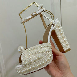 2021 Pearl Platform Sandals Women Open Toe Rhinestone Diamond Square High Heels Shoes Woman Sexy Wedding Shoes