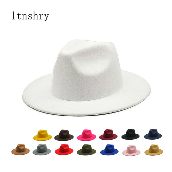 Autumn Winter Womens Felt Hat Fedoras Big Brim Hats For Women British Style Vintage Church Hats Lady Flat Brim White jazz cap