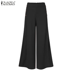 Women's Fashion Autumn Pants ZANZEA Casual Wide Leg Pants Vintage Elastic Waist Trousers Female Solid Button Bottoms