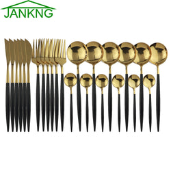 JANKNG Black Gold Cutlery Set Stainless Steel Dinnerware Set 16/24Pcs Kitchen Tableware Set Knife Fork Spoon Flatware Dinner Set