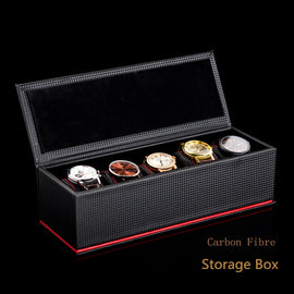 New 5 Slots Carbon Fibre Watch Box Organizer Black Watch Case Storage Men's Watch Display Gift Case
