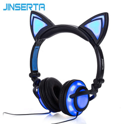 JINSERTA  Cat Ear headphones LED Ear headphone cat earphone Flashing Glowing Headset Gaming Earphones for Adult and Children