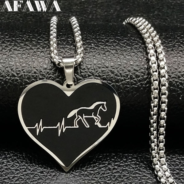 Fashion Horse Stainless Steel Choker Necklace for Men Silver Color Black Heart Necklace Jewelry colgante hombre N730S01