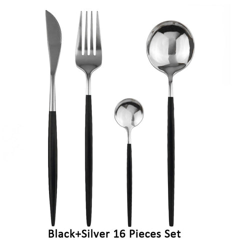 JANKNG Black Gold Cutlery Set Stainless Steel Dinnerware Set 16/24Pcs Kitchen Tableware Set Knife Fork Spoon Flatware Dinner Set