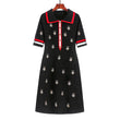 2023 Spring Summer Knit Cartoon Embroidered Polo Dress Woman Plus Size Black Casual Knee-length Straight Dresses Female