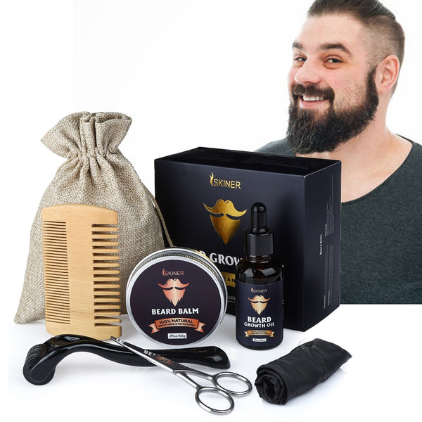 5Pcs/Set Men&#39;s Beard Growth Kit Enhancer Serum Essential Oil Balm Nourishing Beard Grooming Beauty Care With Roller Comb Scissor