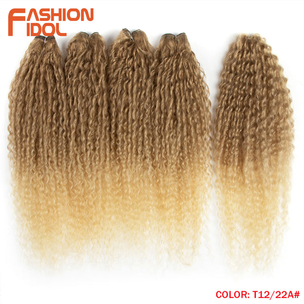 FASHION IDOL Afro Kinky Curly Hair Bundles 5pcs/pack 24 inch Ombre Blonde Nature Black Color Synthetic Hair Weave Bundles Fiber