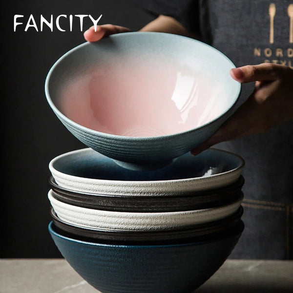 FANCITY Japanese Style Ceramic Bowl Ramen Bowl Household Large  Bowl Large Bowl Retro Hat Bowls and Dishes Commercial Soup Bowl
