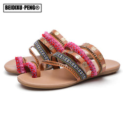 Women's Bohemian Sandals Summer Flats Female Casual Peep Toe Shoes Slip on Rhinestone Strappy Sandalias For Women