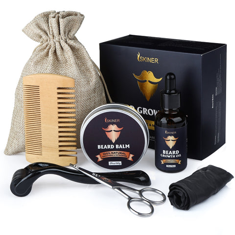 5Pcs/Set Men's Beard Growth Kit Enhancer Serum Essential Oil Balm Nourishing Beard Grooming Beauty Care With Roller Comb Scissor