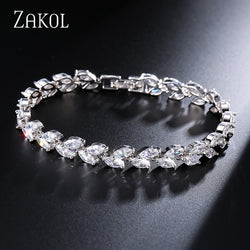 ZAKOL Fashion White Leaf Bracelets Bangles for Women Shinny Marquise Cut Cubic Zirconia Bridal Wedding Party Jewelry BP061