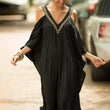 2023 Sexy Cold Shoulder V Neck Bats Sleeve Loose Summer Beach Dress Plus Size Women Beachwear Kaftan Black Dress Q943