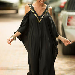 2023 Sexy Cold Shoulder V Neck Bats Sleeve Loose Summer Beach Dress Plus Size Women Beachwear Kaftan Black Dress Q943