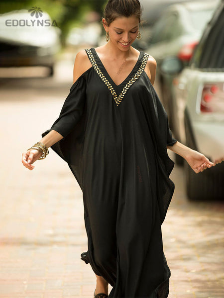 2023 Sexy Cold Shoulder V Neck Bats Sleeve Loose Summer Beach Dress Plus Size Women Beachwear Kaftan Black Dress Q943