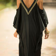 2023 Sexy Cold Shoulder V Neck Bats Sleeve Loose Summer Beach Dress Plus Size Women Beachwear Kaftan Black Dress Q943