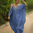 2023 Sexy Cold Shoulder V Neck Bats Sleeve Loose Summer Beach Dress Plus Size Women Beachwear Kaftan Black Dress Q943