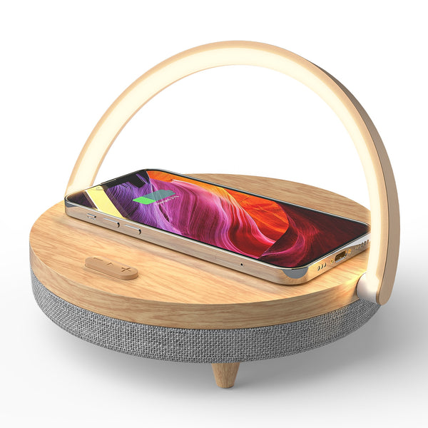 Multifuction Wireless Charger Bluetooth Speaker for IPhone 13 14 Wooden Table Lamp High Power Charging Light Speaker Bluetooth