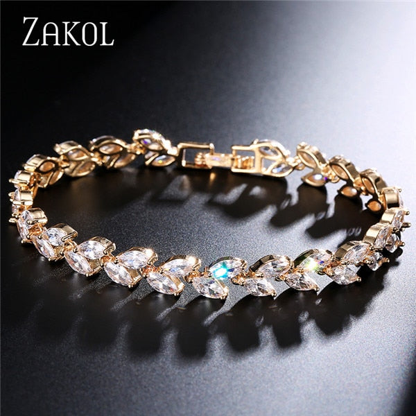 ZAKOL Fashion White Leaf Bracelets Bangles for Women Shinny Marquise Cut Cubic Zirconia Bridal Wedding Party Jewelry BP061