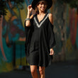 2023 Sexy Cold Shoulder V Neck Bats Sleeve Loose Summer Beach Dress Plus Size Women Beachwear Kaftan Black Dress Q943