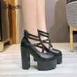 Gdgydh Fashion Women Pumps High Heels Zipper Rubber Sole Black Platform Shoes Spring Autumn Leather Shoes Female Gothic Pentagon