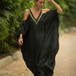 2023 Sexy Cold Shoulder V Neck Bats Sleeve Loose Summer Beach Dress Plus Size Women Beachwear Kaftan Black Dress Q943