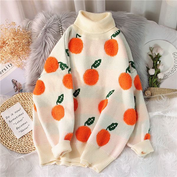 EBAIHUI 2020 Autumn Winter Sweaters Pullover Cherry Pattern Long Sleeve Sweater Women Turtleneck Knitted Jumpers Sweater Mujer