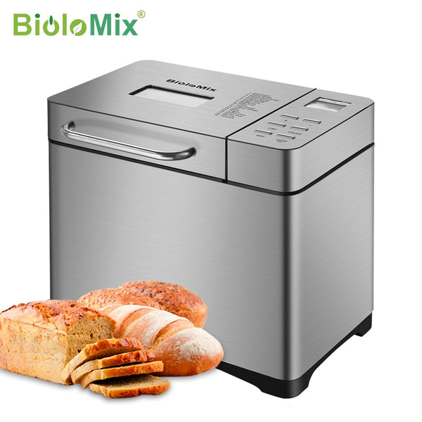 Biolomix Stainless Steel 1KG 19-in-1 Automatic Bread Maker 650W Programmable Bread Machine with 3 Loaf Sizes Fruit Nut Dispenser