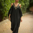 2023 Sexy Cold Shoulder V Neck Bats Sleeve Loose Summer Beach Dress Plus Size Women Beachwear Kaftan Black Dress Q943