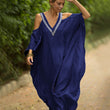 2023 Sexy Cold Shoulder V Neck Bats Sleeve Loose Summer Beach Dress Plus Size Women Beachwear Kaftan Black Dress Q943