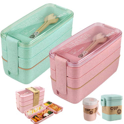 3 Layers Lunch Box Microwavable Japanese Bento Food Container Eco-Friendly Wheat Straw 900ml Lunchbox