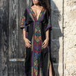 2023 Sexy Cold Shoulder V Neck Bats Sleeve Loose Summer Beach Dress Plus Size Women Beachwear Kaftan Black Dress Q943